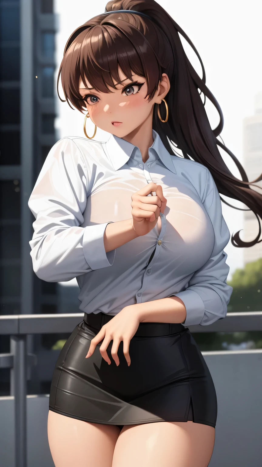 (best quality:1.5, highres, UHD, 4K, detailed lighting, shaders), chun-li, large breasts, suit, gray shirt, social shirt, short skirt, mature woman , (pov), white background, colorful eyeshadow, dramatic lighting, sparkling eyes, sensual expression, golden earrings, flowing hair, delicate facial features, dark skin, high cheekbones, urban setting, white background, dont look for the camera,  behind  the camera