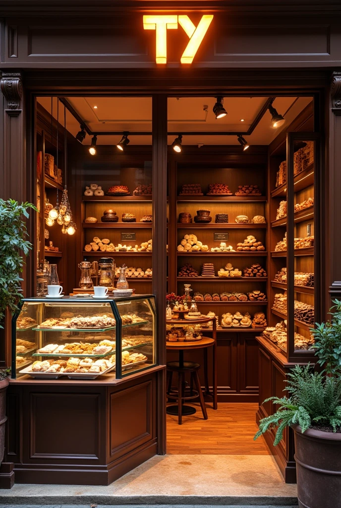 Store with TY logo in chocolate brown tones, selling chocolates and coffees, with tables and more shelves more things and tables
