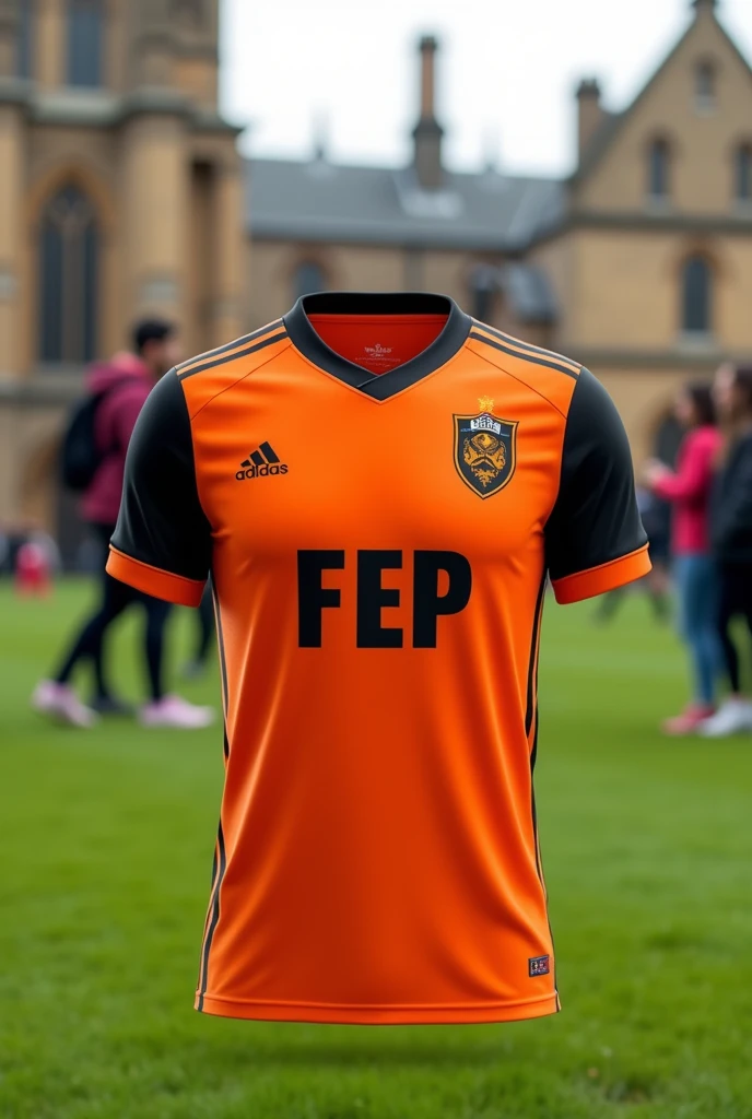 Orange jersey with black details and the initials FEP (Faculty of Economics and Planning) on the chest with a logo