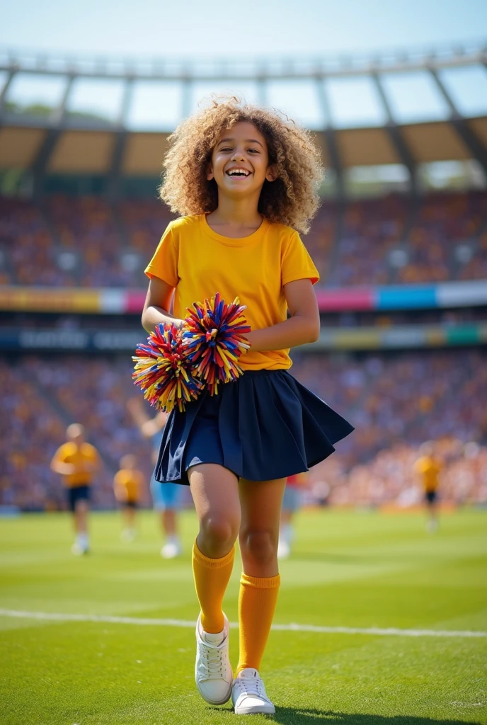 realist, white girl, curly light brown hair, Dressed as a cheerleader, the shirt would be a mustard colored t-shirt, the skirt is dark blue, knee-high socks the same color as the shirt and white sneakers, with pom-poms in her hands, one foot up and the leg bent, the other leg straight