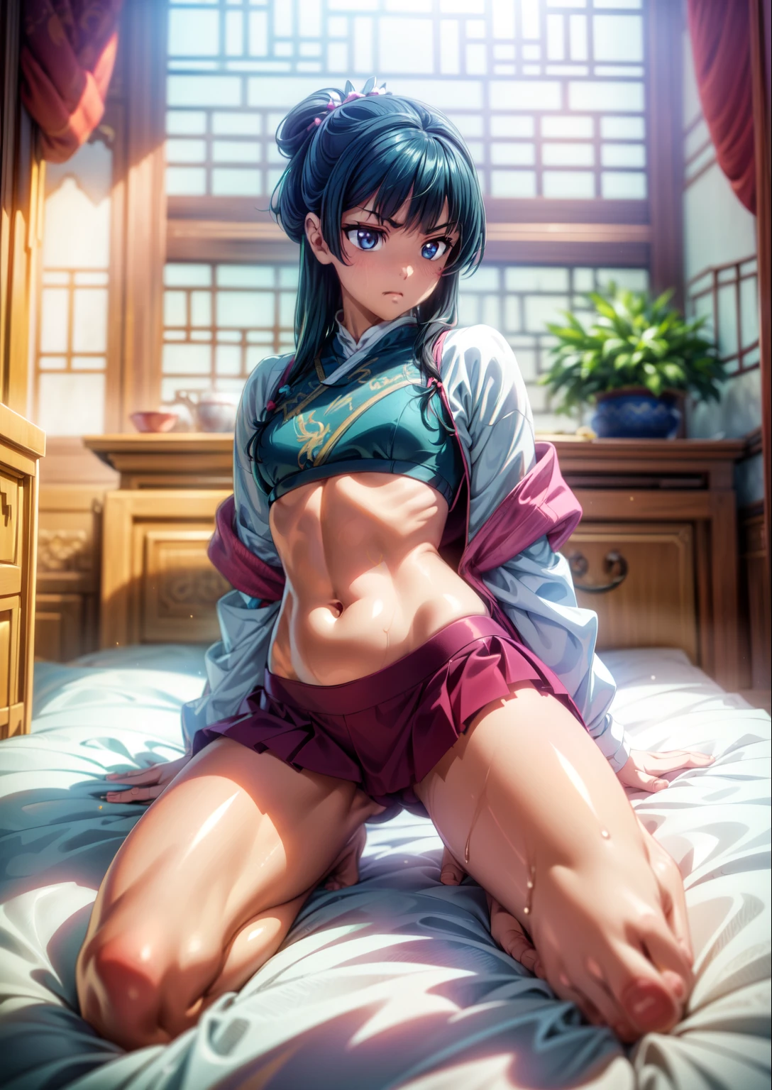 (Masterpiece, High Quality, Top quality, High-Detailed, Detailed CG, Cinematic Shadow, Cinematic Scene, Beautiful Detailed Eyes, Ultra Resolution, Depth of Field, High Resolution, Masterpiece: 1.2), Anime Art style, Very Detailed, Dynamic Angle, Teen Style, Detailed Green Hair, Detailed Blue Eyes, Purple Eye, Slim Body, Sparkling Eyes, Sparkling Detailed Eyes, Hair Accessory, Earrings, Slightly Blunt Bangs, Looking at the Audience, Cute, Five Finger, (Angry Expression:1.2), (Chinese Flower Pattern), (Chinese Underwear: dudou [Bellyband], [Pocket], [pocket]), (moxiong [Tube Top]), (Waxiong [Stockings]), (Lanqun [Skirt]), (Hehuan Lanqun [合欢Skirt]), lingerie, Underwear, Good Composition, Legs, Feet, Wet, Water, Thighs, Small Breasts, Small Size Breasts, Blur Background, Chinese Architectures