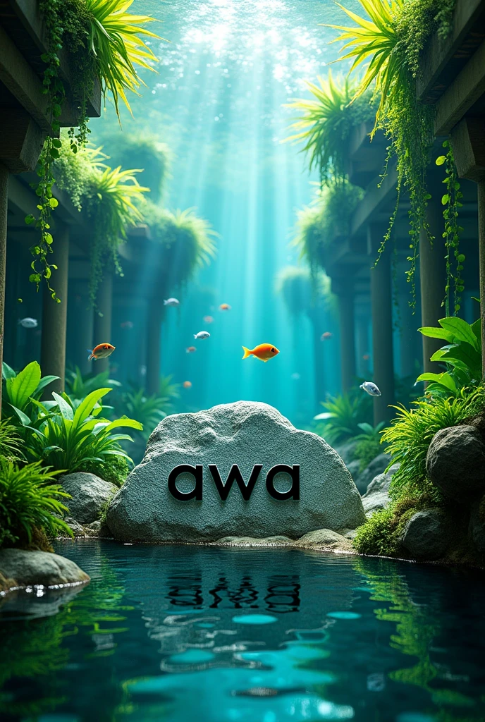Create a place with plants and fish, more fish, and a brand logo. "awa" that the brand looks more