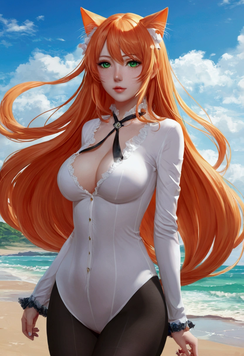 anime girl with long orange hair standing on beach near ocean, green eyes detailed digital anime art, cat ears, , anime girl with long hair, smooth anime cg art, anime girl with long hair, average breast size, digital anime art, artwork in the style of guweiz, beautiful anime portrait, photorealistic anime girl render, beautiful anime girl, advanced digital anime art, pantyhose, guweiz on artstation pixiv upscale HD UHD HQ
