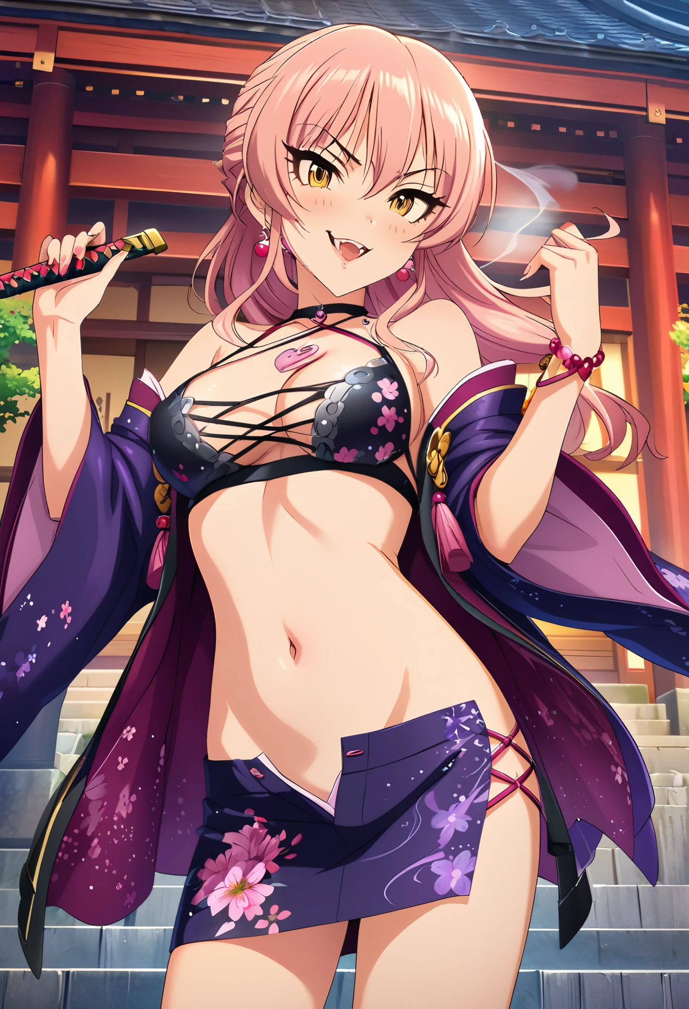 mika jougasaki, 1girl, pink hair, solo, yellow eyes, seductive smile, blush, lipstick, long hair, Hot girl, baddie, staring, glaring, bad attitude, mean girl, crazy, smoking, masterpiece, best quality, highly detailed, a anime girl in kimono dress ,holding sword, bare
shoulder,open kimono, evil smile, open mouth, crop top , (nsfw) not safe for work, smile, ecchi anime
style, anime girls, ecchi style, ecchi, digital anime art!!, in anime style, official artwork, visual novel cg,
beautiful anime girl, anime style 4 k, kimono pencil skirt, exposed belly, exposed navel,
exposed midriff, exposed lower belly, outdoor, japanese architecture, temple