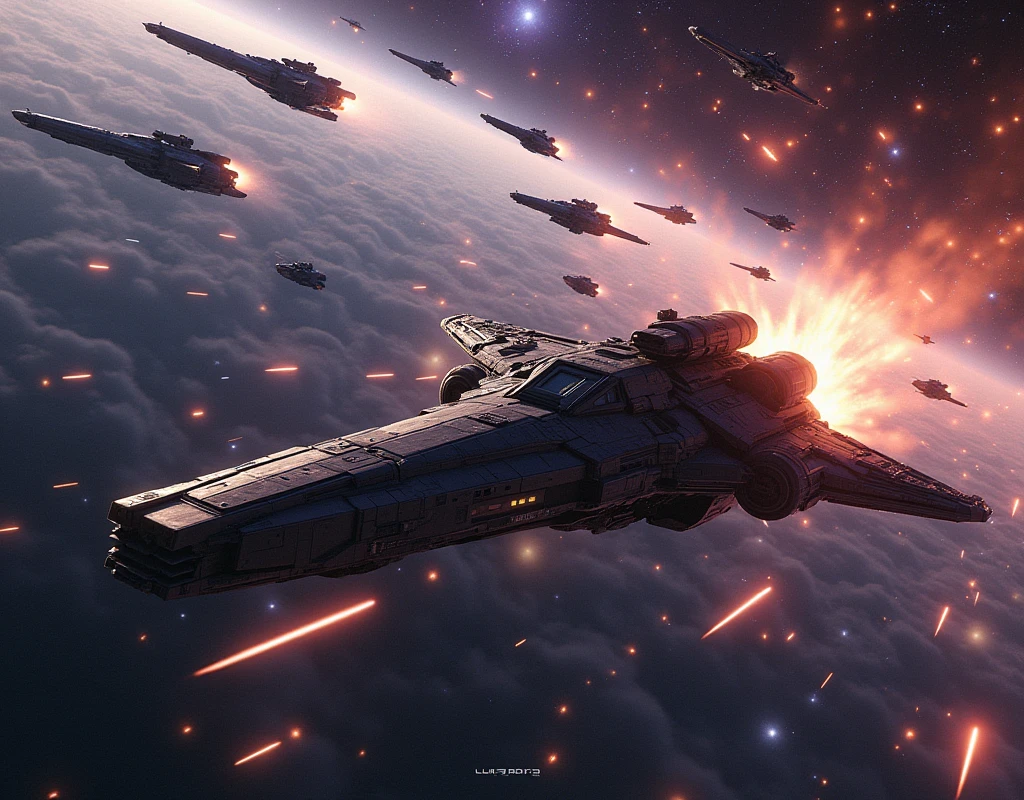 best quality, (Luis Royo style), masterpiece, extremely detailed, an extremely delicate and beautiful, dynamic, realistic anatomy, great lighting, perfect shading, professional shading, depth of field, (((Epic Sci-Fi battle in space))) with numerous ships fighting each other, pure genious, absolutely perfect, gentle, highly detailed, breathtaking