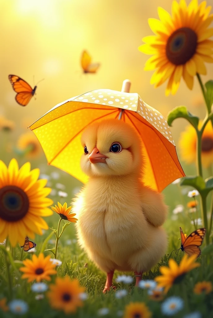 A little chick with an umbrella and sunflowers