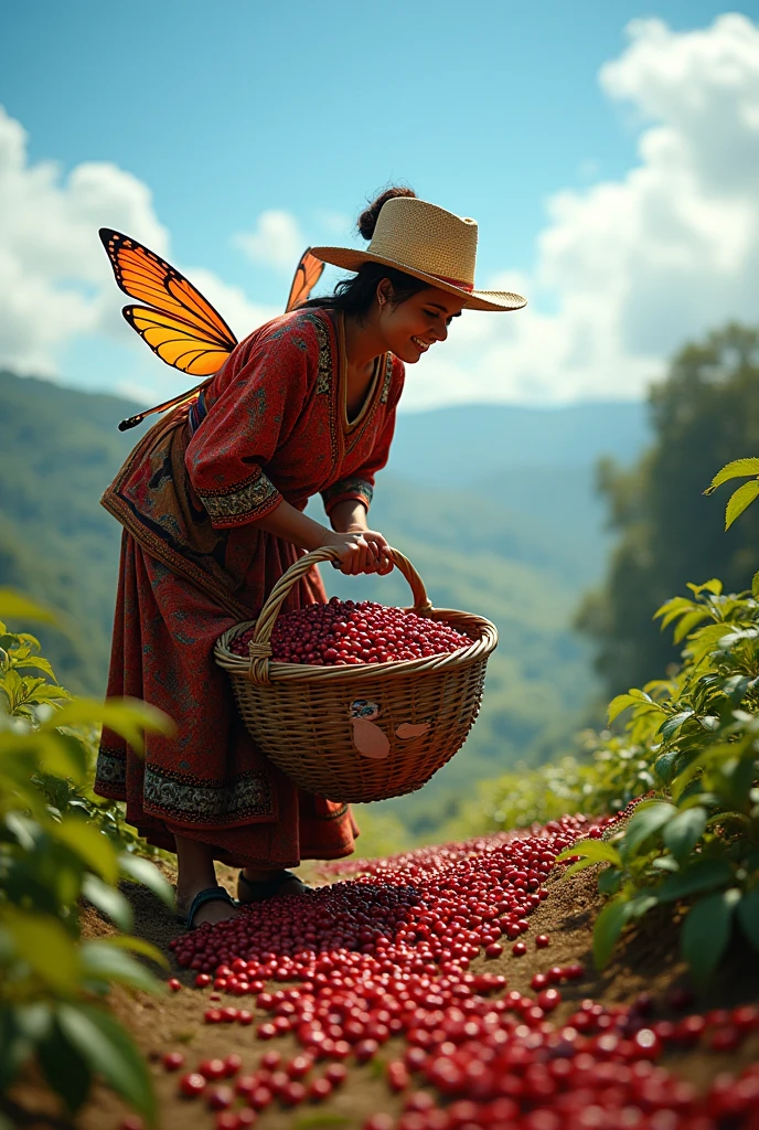 Peasant woman collects coffee with her animated basket