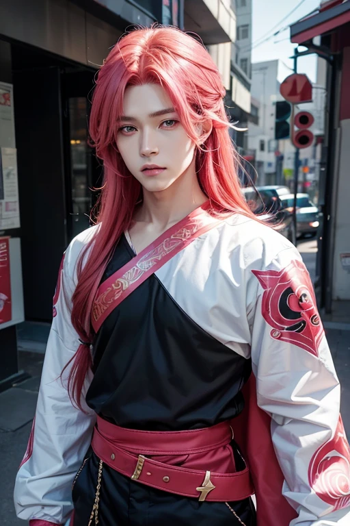 male, man, Man with pink and red hair and black clothes., beautiful face, white eyes, Highly detailed young anime, 4k manga wallpapers, anime boy, Detailed anime character art. shoulder length hair, male, Modern clothing
