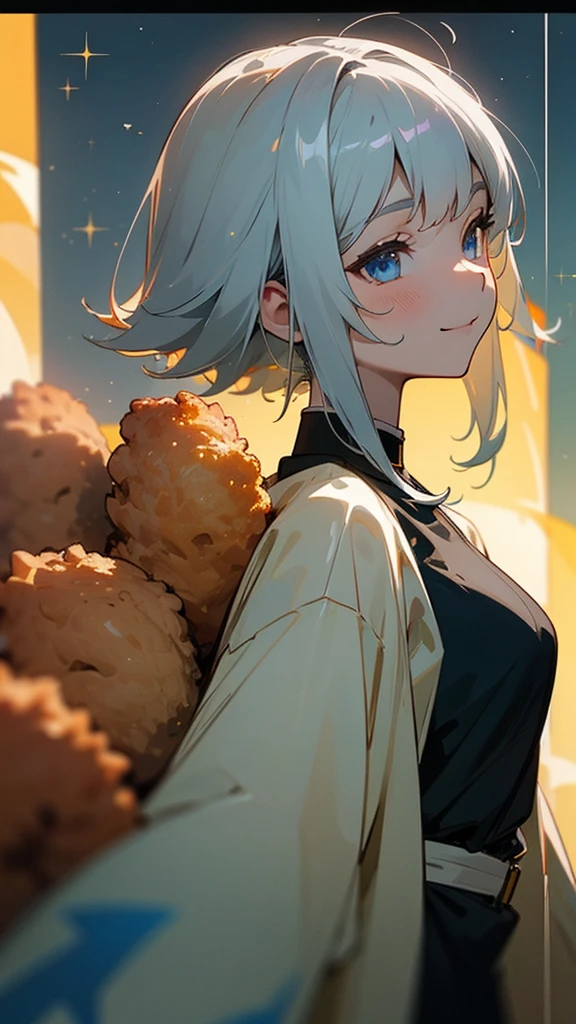 1 Girl、solo、Anime style painting、Upper body close-up、smile、From the side, impression, (Oil), Green and orange tones、Silver Hair, (Sparkling Blue Eyes)、Delicate contours、Park under the moonlight、Background Blur, The depth of the drawn border、Eat fried chicken、delicious
