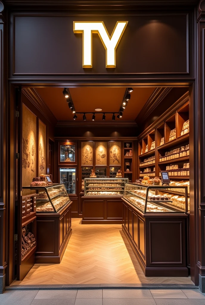 Store with TY logo in chocolate brown tones, selling chocolates and coffees, with tables and more shelves more things and tables LARGER STORE