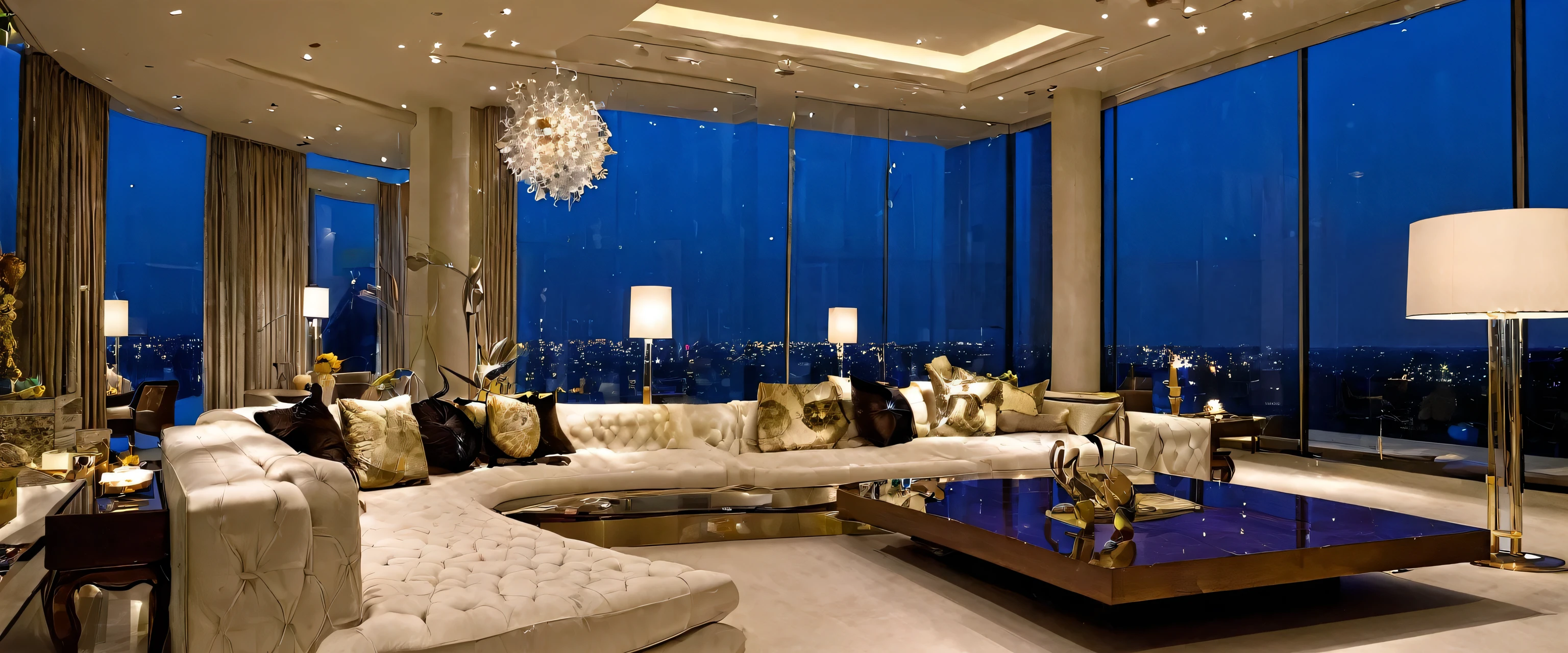 inside house, billionaire house, step, table and sofa, lights inhouse,