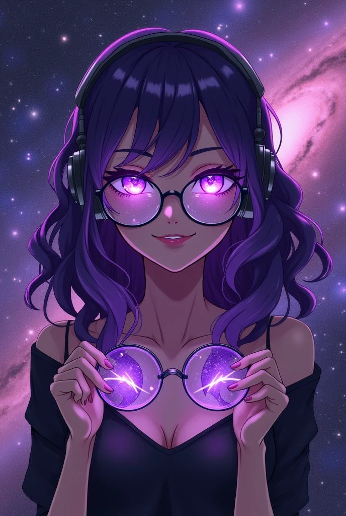 A woman with purple shiny wavy hair in the middle of the universe. The woman holds glasses slightly below her eyes. The lenses of the glasses shine with a purple glow, and the light takes the shape of lightning. The woman's eyes are completely purple and glowing. The woman has a confident expression and a mocking smile. The woman listens to music with her headphones. Predominantly shades of purple and black. Make it in anime style.