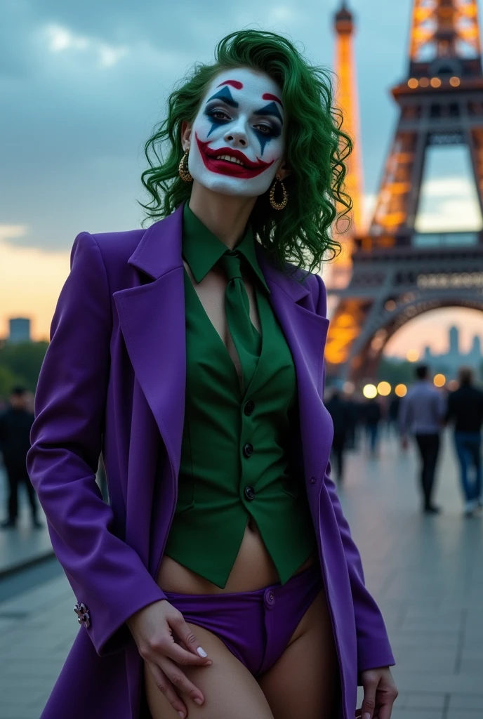 {
  "prompt": "A faithful female version of the iconic Joker from DC Comics, reimagined with a seductive yet psychotic allure, striking a dramatic pose near the Eiffel Tower in Paris. She has pale white skin and wild, vibrant green hair styled in messy, chaotic curls. Her makeup is heavy and smeared, inspired by Heath Ledger’s Joker, with dark, hollow eyes surrounded by smudged black makeup and a blood-red, twisted smile that extends unevenly beyond the corners of her mouth, creating a chilling yet irresistible grin. She wears a tailored purple suit jacket with a green vest and matching tie, left open to reveal her toned, alluring physique, paired with a revealing purple bikini bottom. The Eiffel Tower looms in the background, partially illuminated against the evening sky. She stands confidently in front of the iconic landmark, one hand resting on her hip and the other playfully twirling a lock of green hair, exuding a blend of madness and charm. Her presence contrasts sharply with the romantic Parisian setting, making her both captivating and unsettling. The scene combines the elegance of Paris with her chaotic, alluring energy, creating a striking and memorable image.",
  "size": "1024x1792"
}

