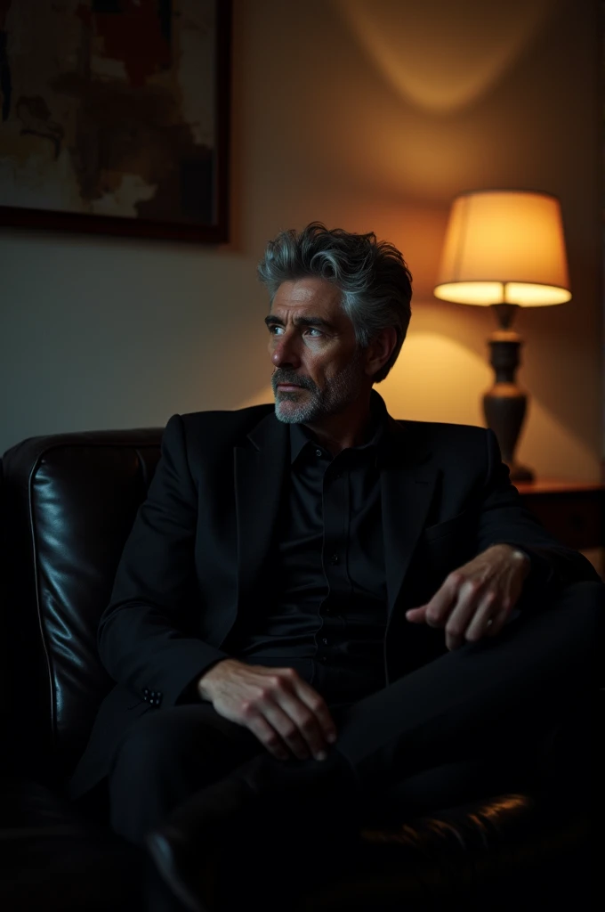40 year old man, dressed in black, sitting on sofa