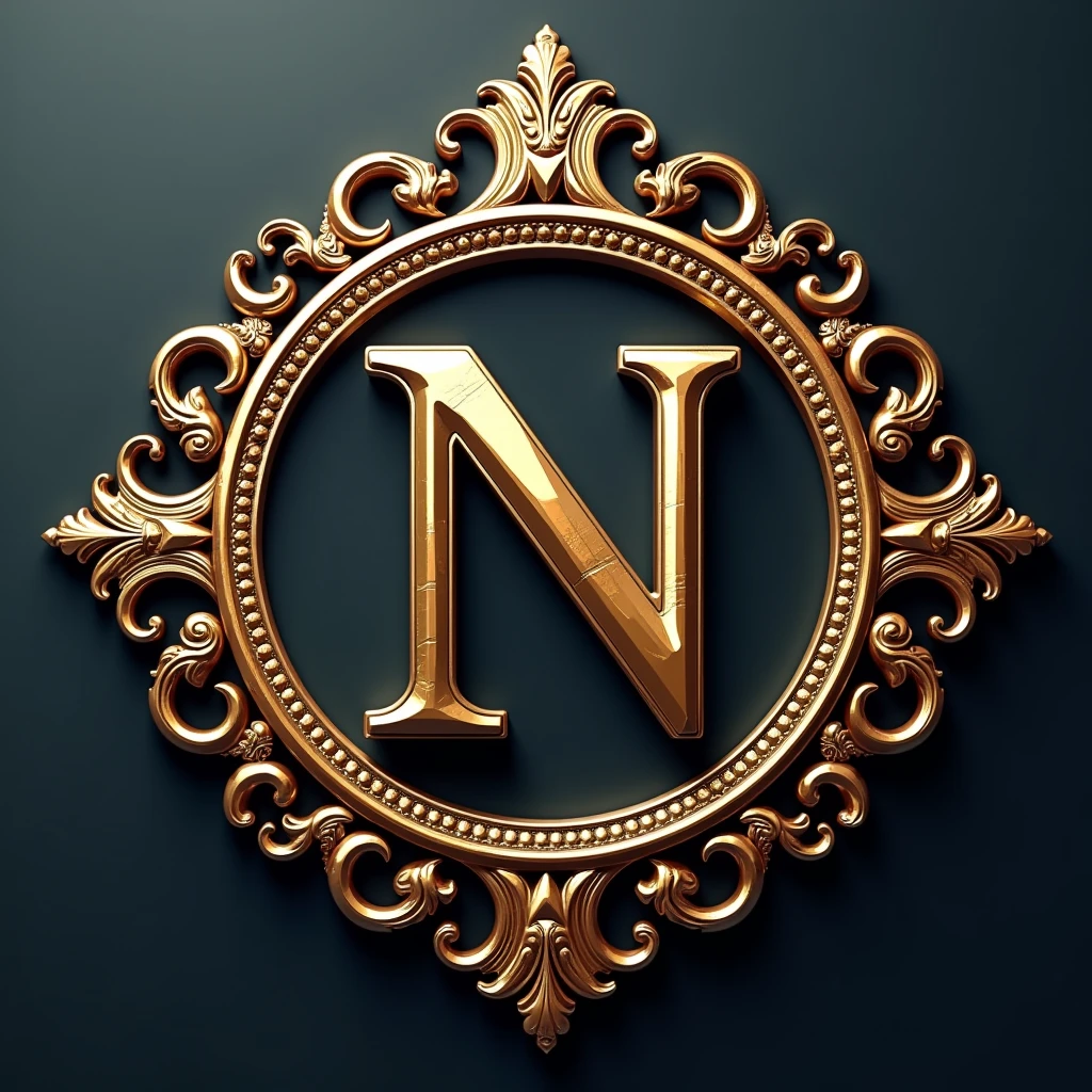 A 3D emblem for the name 'NINING'. The emblem should feature a prominent 'N' with a circular frame, intricate, ornamental details, incorporating elegant scrollwork and a sophisticated color gradient and metallic hues. The overall design should exude a regal and luxurious feel. Focus on mirror gloss finishes and realistic lighting to create depth and a polished, refined look.