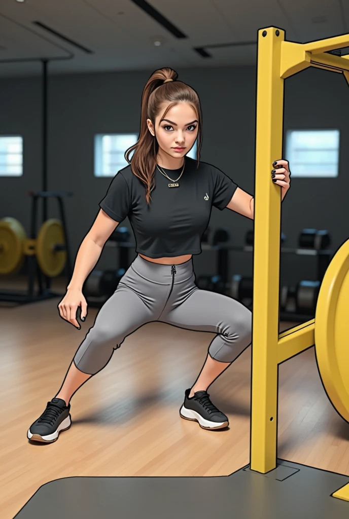 Realistic、photo shoot、Beautiful young woman 18 years old, Brown Hair, ponytail, Tight gym wear, Wearing sexy gray panties、Squat