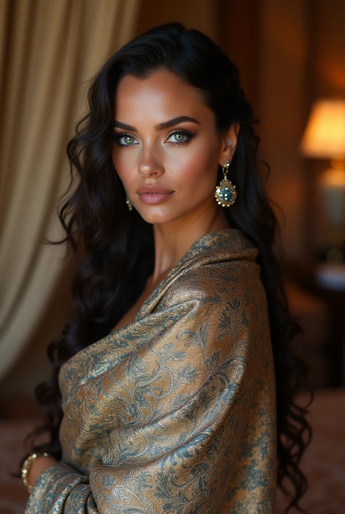 sexy nude full body, crystal blue eyes and same colour silk printed shawl and same design silk printed bed, full nude, professional sexy makeup on face and extremely beautiful, masterpiece,( long wavy hair with two braids)((seducing face))(Open your legs:1.0)high resolution, masterpiece,Highest quality, Ultra HD,Very beautiful Arabic silk shawl ,Long eyelashes, Dark smokey eyes,48 years old,Beautiful ripe,Blushing