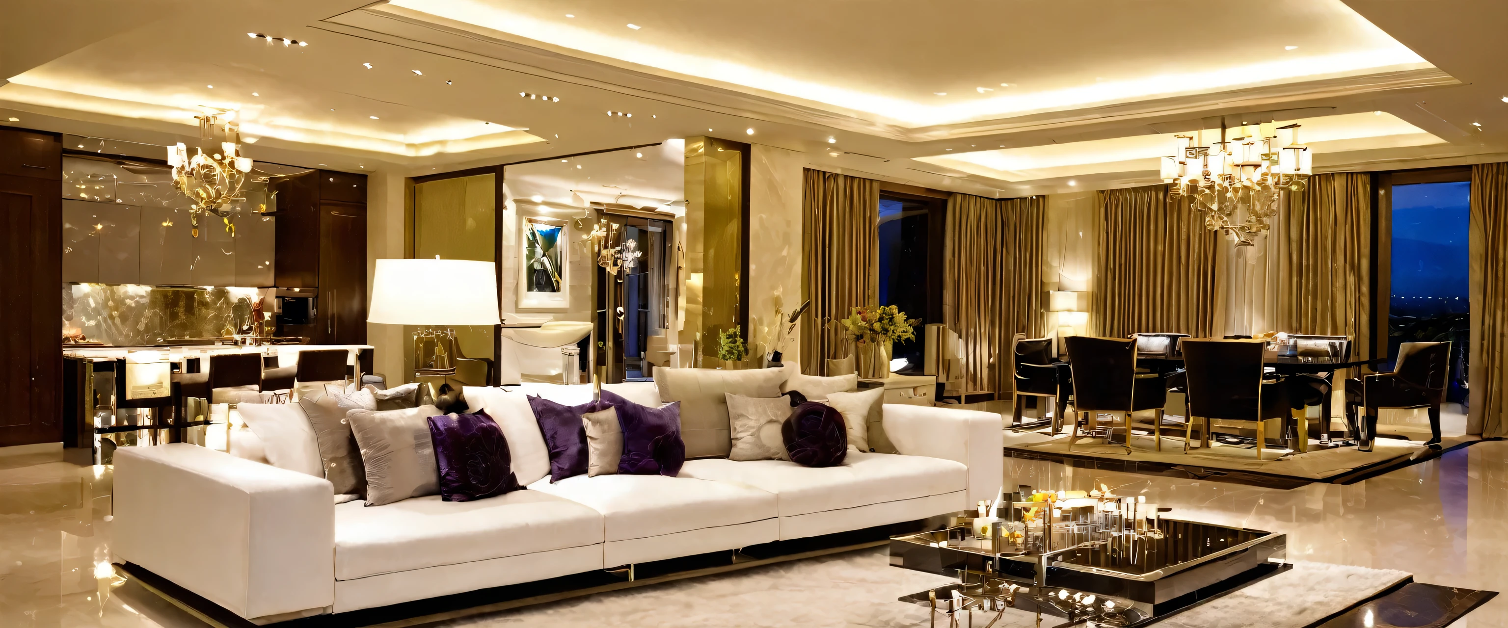 inside house, billionaire house, step, table and sofa, lights inhouse,