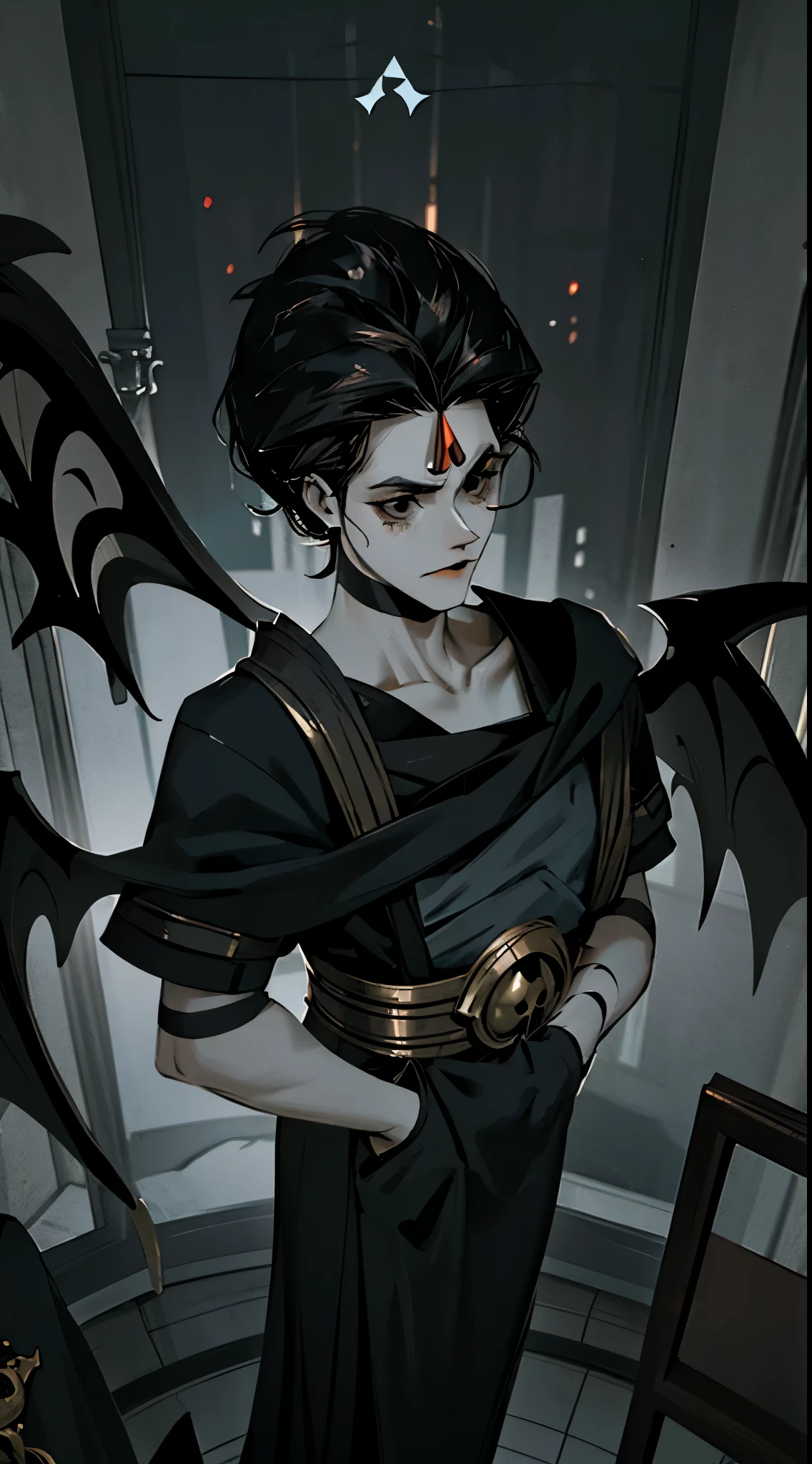(Best quality,masterpiece:1.3), Art\(Illustration\), season\(winter\), cold colors,indoors, day, furniture, from above,unnatural light, ominous ambiance, portrait, 1man, 1guy, 25 years, alone, solo, lonely, black hair, short hair, black eyes, neat face, insister sur le visage, well detailed face, well lit face, cheveux noirs, thin figure, very skinny man, black costume, black tuxedo, costume noir, classy outfit, black clothes, lazy man, tired person, neutral expression, hands in pockets, hades style, hades game, simplistic style, simplistic anime, greek themed image, greek background, thanatos character inspiration, athena character inspiration, patroclus character inspiration, orpheus character inspiration, hecate hades character inspiration, moros character inspiration, icarus hades character inspiration, wings, tartarus scenery, desk in the foreground, messy piles of paper on the desk, fumes, greek columns in background, greek architecture, bureau scene, gray background, grey background, grey themed image, gray themed image, black and white themed image, black furniture, white touches of color, looking at viewer, serious themed image, morbid atmosphere, obscure room, hades, game, wiki, concrete, winter, stars, glitters, light of particles, professional illustration, ultra-detailed, animation, official art, mains dans les poches, standing, nonchalant