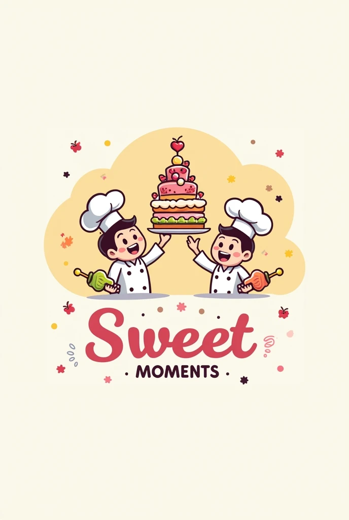 Logo with a couple of cake and skewer chefs for a restaurant business named Sweet Moments
