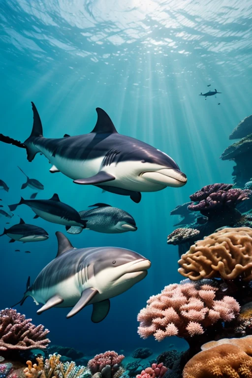 a majestic whale, a powerful shark, a graceful dolphin, a fierce orca, a sleek seal, a tuna fish, a marlin, a sea lion, a coral reef, underwater seascape, crystal clear ocean water, shimmering sunlight rippling on the waves, schools of tropical fish, vibrant marine life, serene and tranquil undersea environment, ultra-realistic, 8k, photorealistic, cinematic lighting, stunning colors, masterpiece