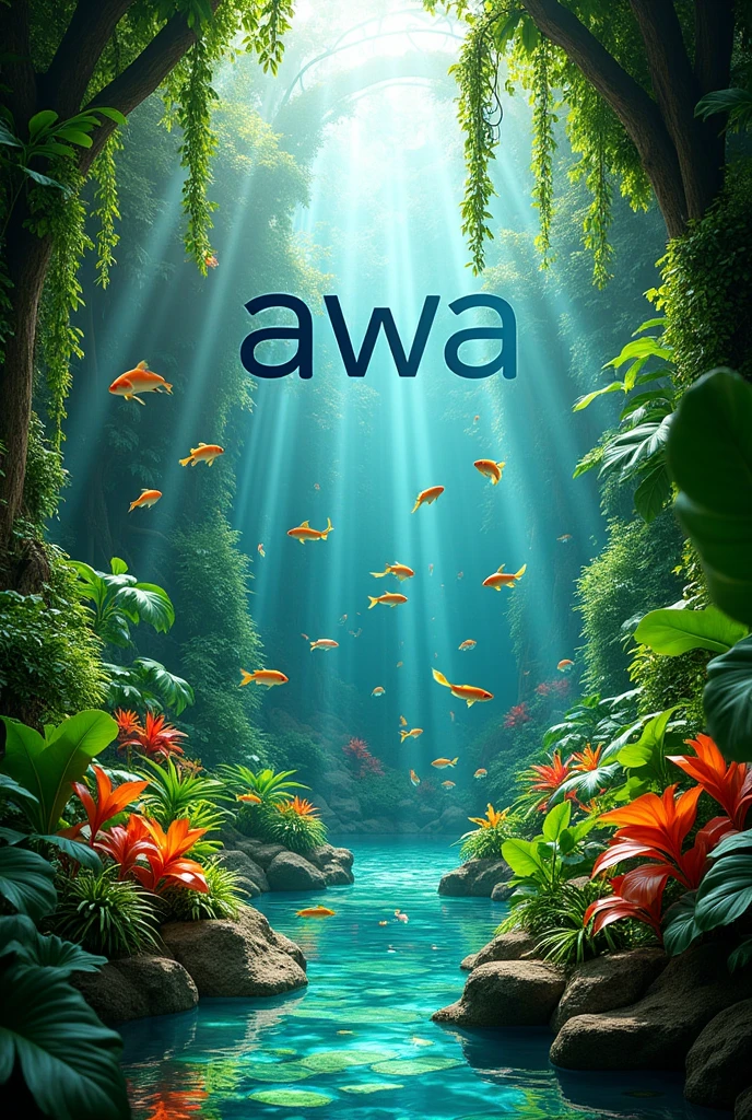 Create a place with plants and more fish and a brand logo "awa" that the brand looks more
