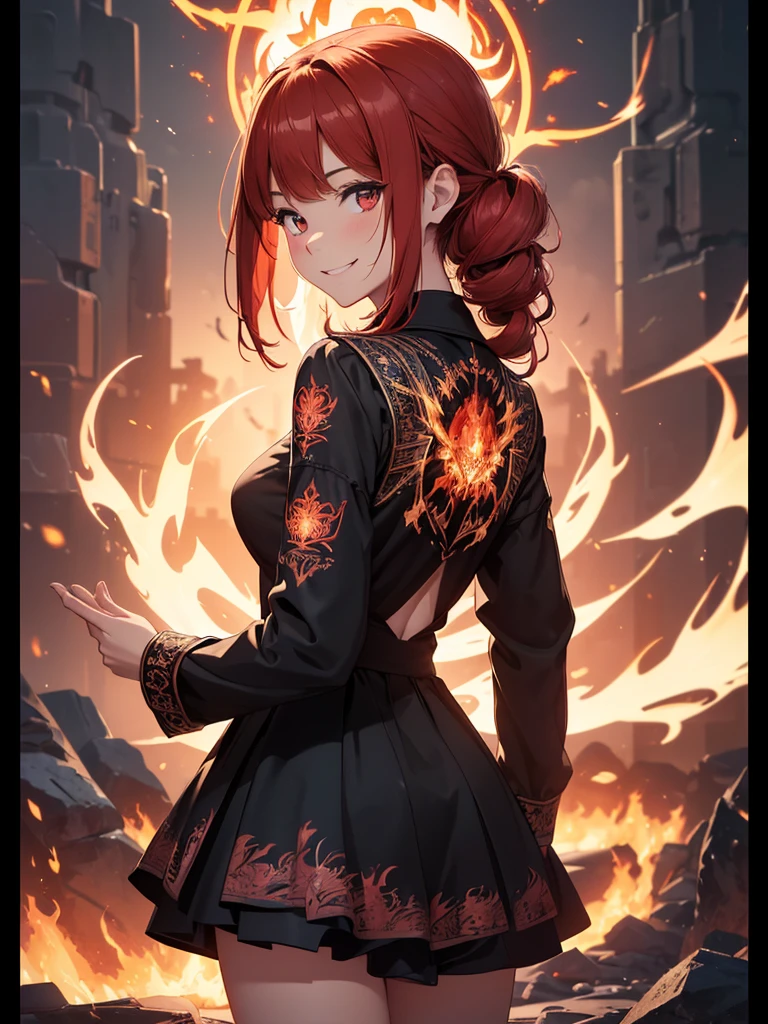 (((best quality, sharp image, clear image, cinematic lighting, 8k resolution, masterpiece, ultra detailed, intricate))) Girl, (((looking over left shoulder))), (shot from behind), ((shot from hip up)), fiery red hair, pigtails, ((intricate black dress)), ((flaming sigils, flaming runes)), spiky rock formations, (flaming lotus flowers frame), (intricate background), ((Phoenix)), (swirling flames), smiling