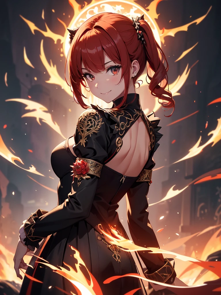 1girl, A masterpiece digital art, anime style, Kita Ikuyo, long hair, halterneck, black choker, armlet, arm strap, bare shoulders, black gloves, single glove, black dress, sleeveless dress, pleated dress, black belt, calflet, side ponytail,score_9, score_8_up, score_7_up, score_6_up, anime, (high quality, detailed, beautiful), shiny, detailed beautiful eyes, outstanding, detailed soft lighting,solo, dynamic pose,smile,green eyes, red hair
