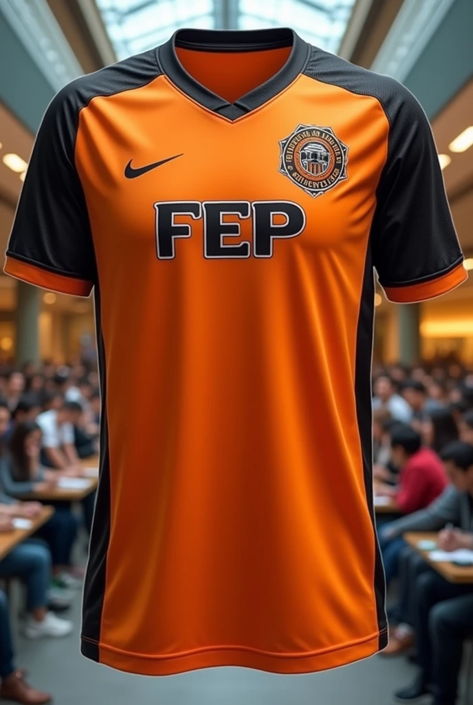 Orange jersey with black details and the initials FEP (Faculty of Economics and Planning) on the chest with a logo
