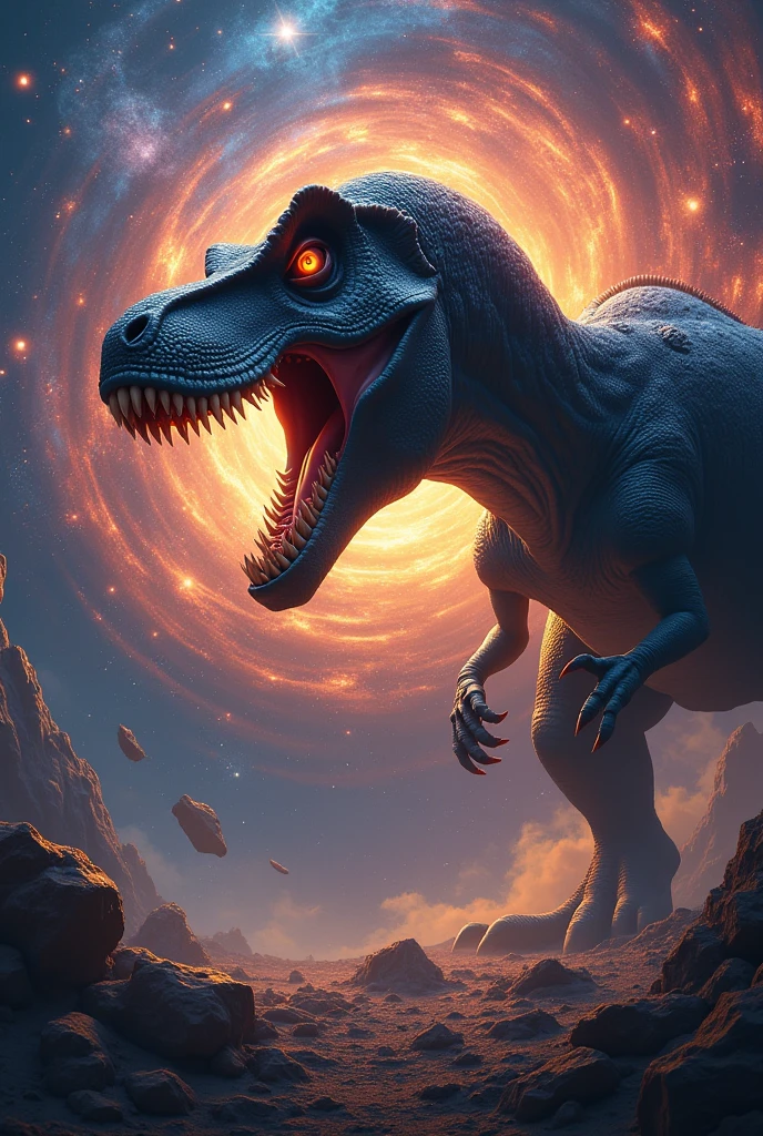 Give me a picture of a T-rex attacking the universe 10,000,000,000 billion times × more terrifying
