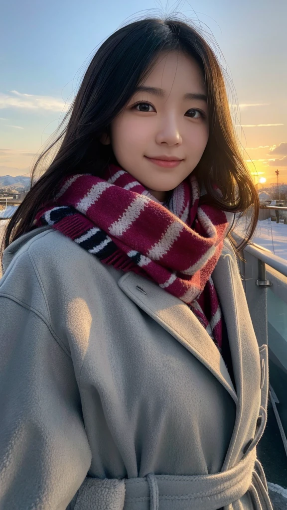 (Highest quality,masterpiece:1.3,Ultra-high resolution),(Very detailed,Caustics,8k),(Realistic:1.4,RAW shooting),(sunset),(Backlight),(sunset sky),evening,(Snowfield),18-year-old,cute,Japanese,Black hair medium hair,(Look up a little),(Please open your mouth a little:1.1),smile,scarf,down coat,Side Shot,Close-up shot from the waist up,Low position,Low Angle,Natural light