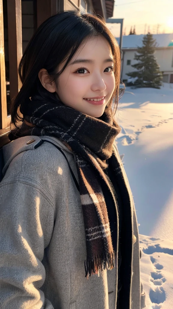 (Highest quality,masterpiece:1.3,Ultra-high resolution),(Very detailed,Caustics,8k),(Realistic:1.4,RAW shooting),(sunset),(Backlight),(sunset sky),evening,(Snowfield),18-year-old,cute,Japanese,Black hair medium hair,(Look up a little),(Please open your mouth a little:1.1),smile,scarf,down coat,Side Shot,Close-up shot from the waist up,Low position,Low Angle,Natural light