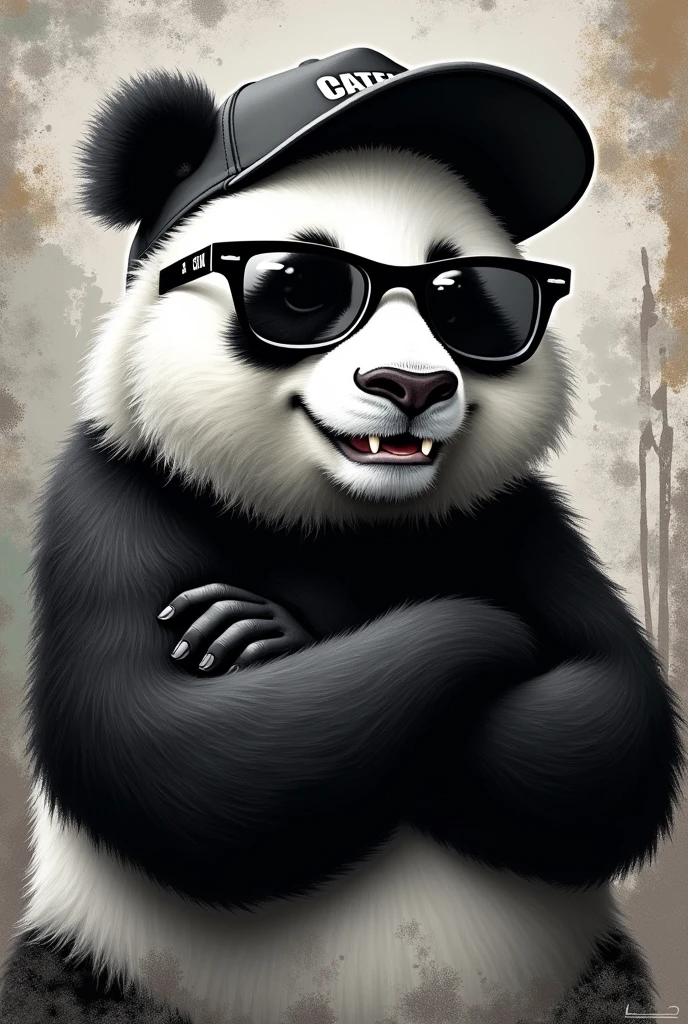 Please generate for me a head of a panda bear looking straight ahead with black sunglasses and a backwards cap, Crossed arms, grinning with his fangs. only with colors: negro, White and grey.
Graffiti caricature style 2D