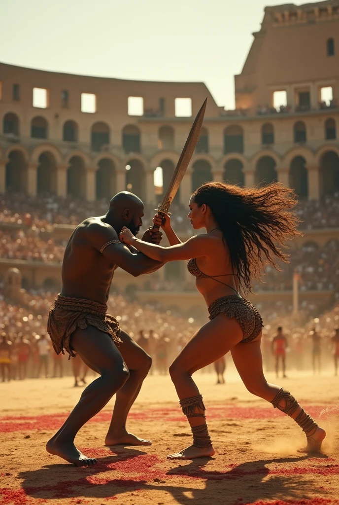 A muscular, bald black man, killing a naked Amazon woman in a sword fight in the coliseum, blood+++, Madison Ivy+++, In the coliseum at noon, intricate, highly detailed, smooth, Sharp focus, Photorealistic+++, 8k, perfect hands+++