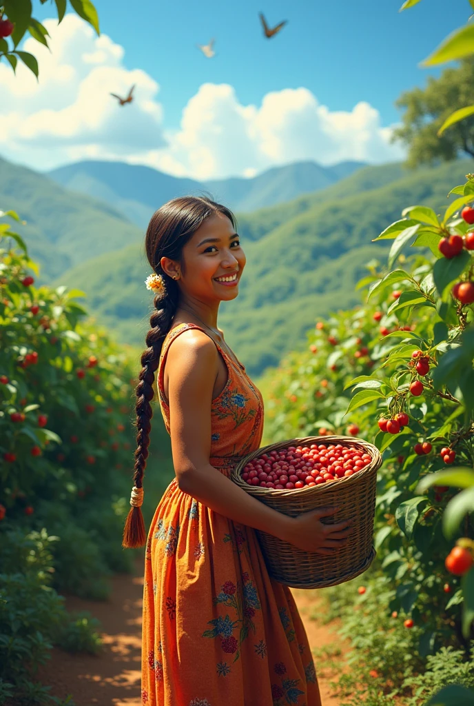 Peasant woman collects coffee with her animated basket