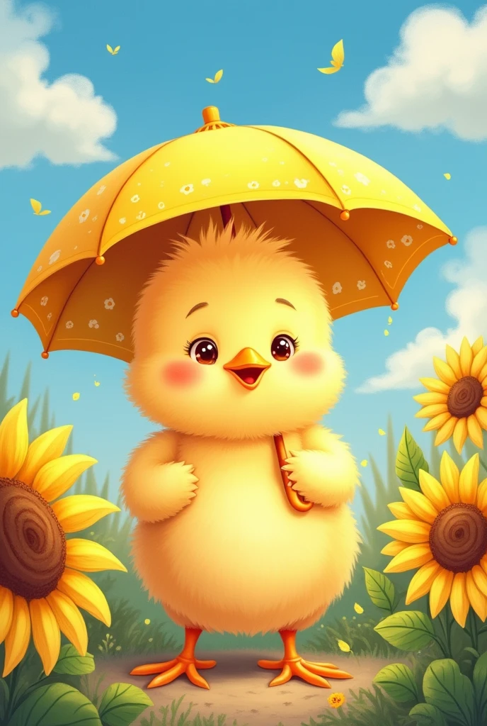 Drawing of a chick with an umbrella and sunflowers
