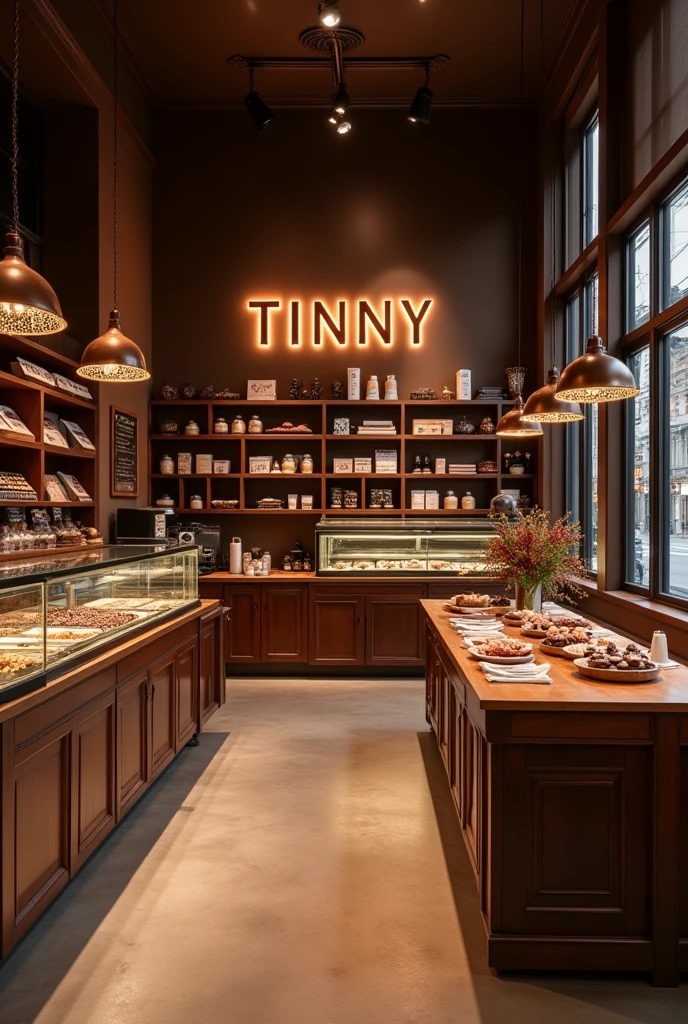 Loja com logo TINNY em tons marrons de chocolate, selling chocolates and coffees, with tables and more shelves more things and tables BIGGER STORE TABLES