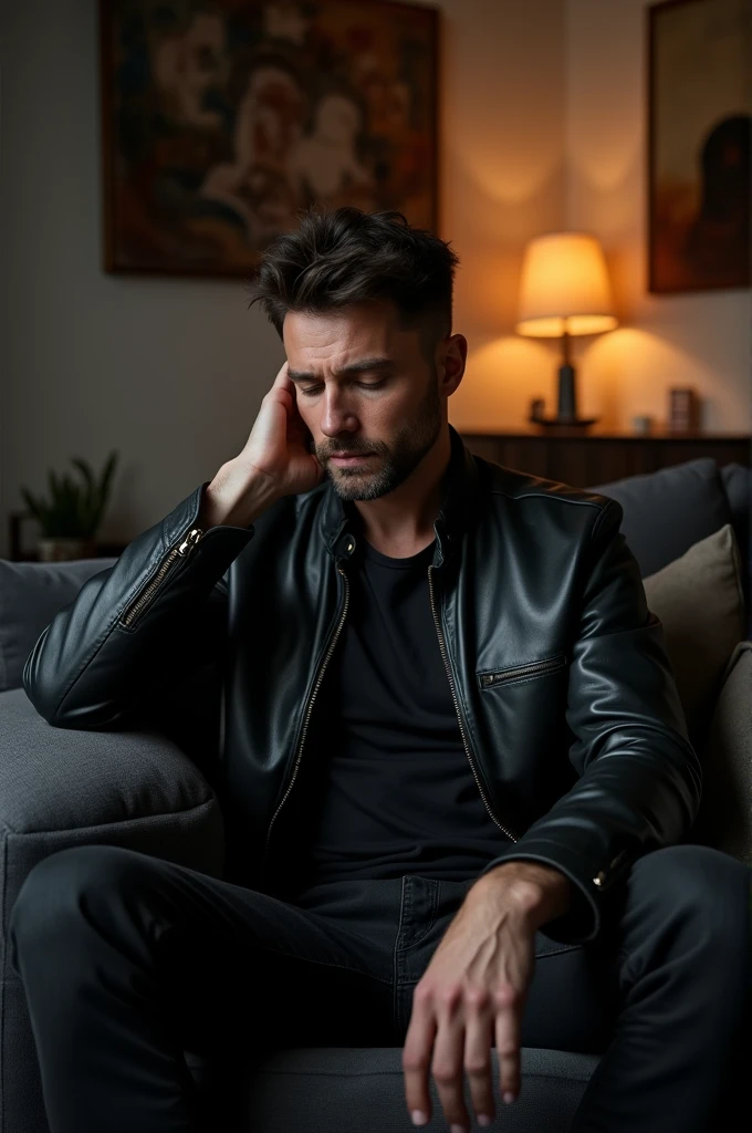 40 year old man, dressed in black, sitting on sofa