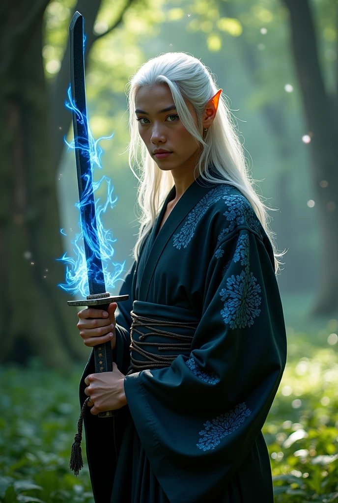 Elf Man ,BROWN SKIN, with green eyes, with white hair,looking 18 years old,with the body well detailed,He wears a black kimono with blue details ,and a black katana with blue shine and fire emerging from the katana