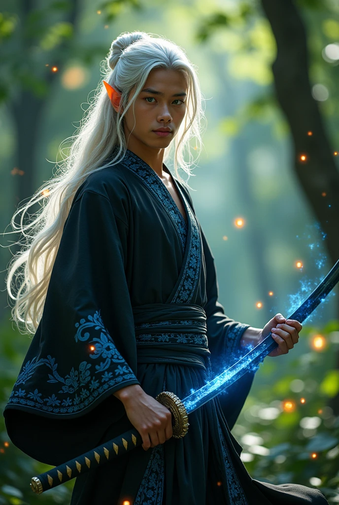 Elf Man ,BROWN SKIN, with green eyes, with white hair,looking 18 years old,with the body well detailed,He wears a black kimono with blue details ,and a black katana with blue shine and fire emerging from the katana
