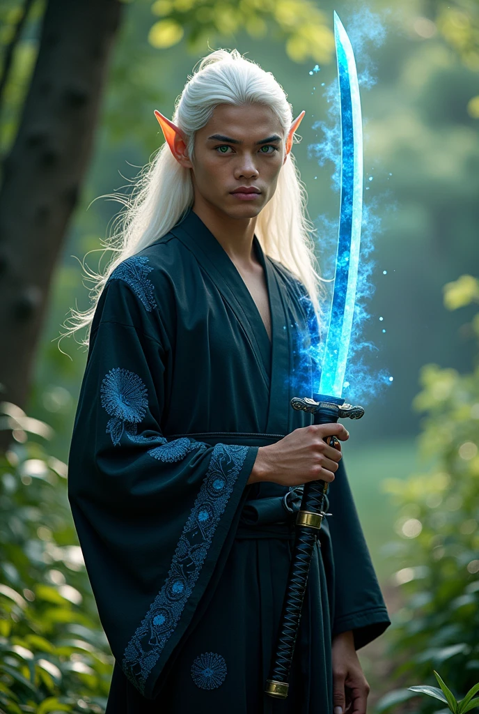 Elf Man ,BROWN SKIN, with green eyes, with white hair,looking 18 years old,with the body well detailed,He wears a black kimono with blue details ,and a black katana with blue shine and fire emerging from the katana