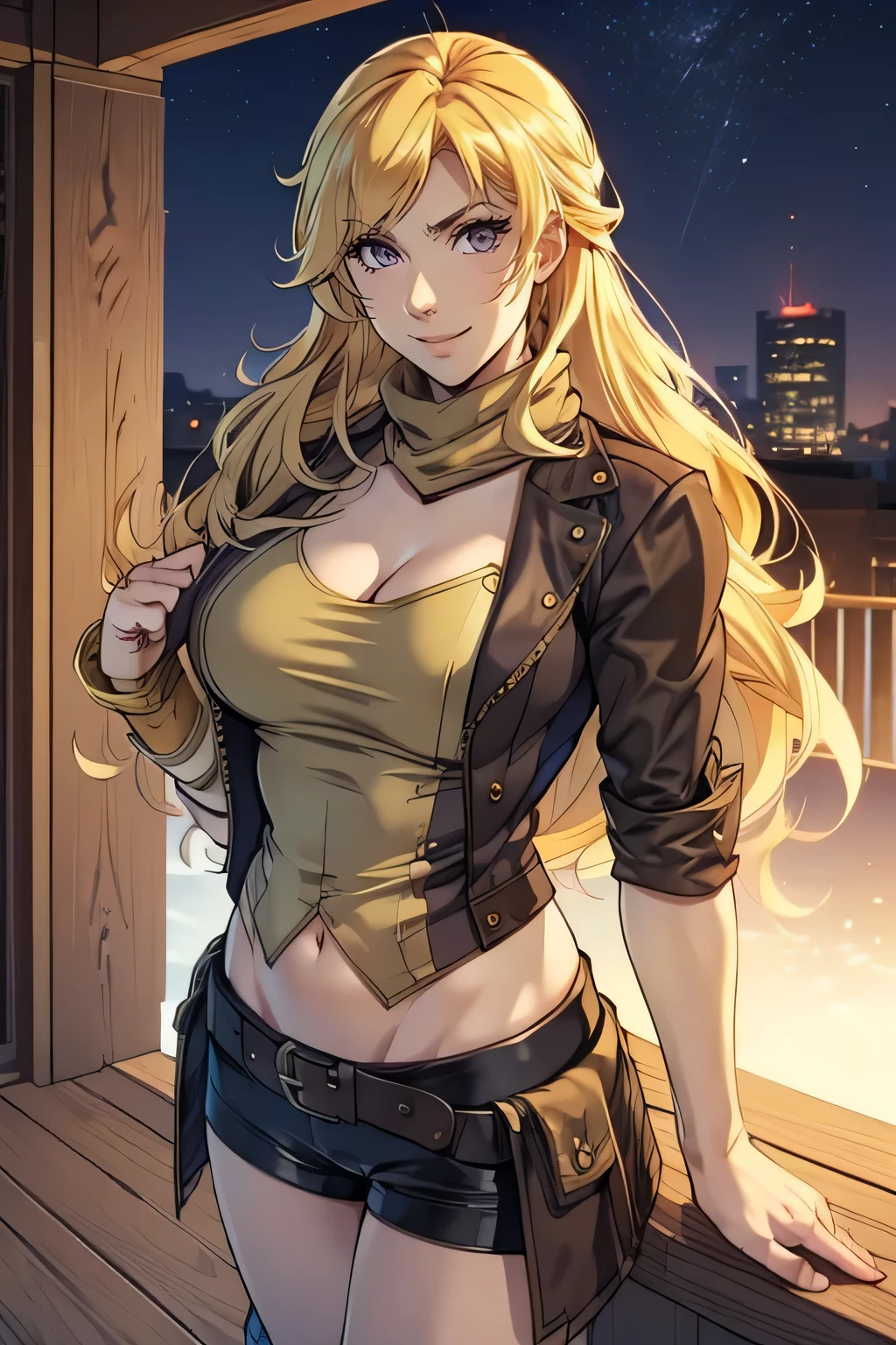 masterpiece, best quality, agrias, a woman, solo, wearing very short brown jacket, black shorts, blonde hair, high leg, wavy hair , muscular , detailed face, muscular detailed face, age 22, modern house patio, big breast, standing, head up, Night time, purple eyes