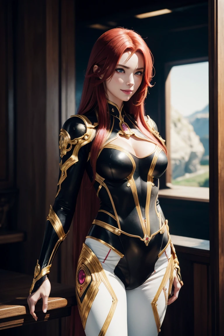 I want to be a powerful figure behind the scenes!,Iris Midgar,Red hair,long hair,Outside flip,Beautiful red eyes,Beautiful white skin,Black and golden suit,Long white pants,Photorealistic,Ultra HD,high quality,masterpiece,Digital SLR,Detailed details,Intricate details,Anatomical basis,Depicted in detail,A detailed face,Realistic skin texture,Vivid details,Perfect Anatomy,Perfect Anatomy,Anatomically correct hand,Anatomically correct fingers,Super Detail,Complex 3D rendering,The worldview of a fantasy with sexy poses,Nature,Picturesque,Pink Lips,smile,