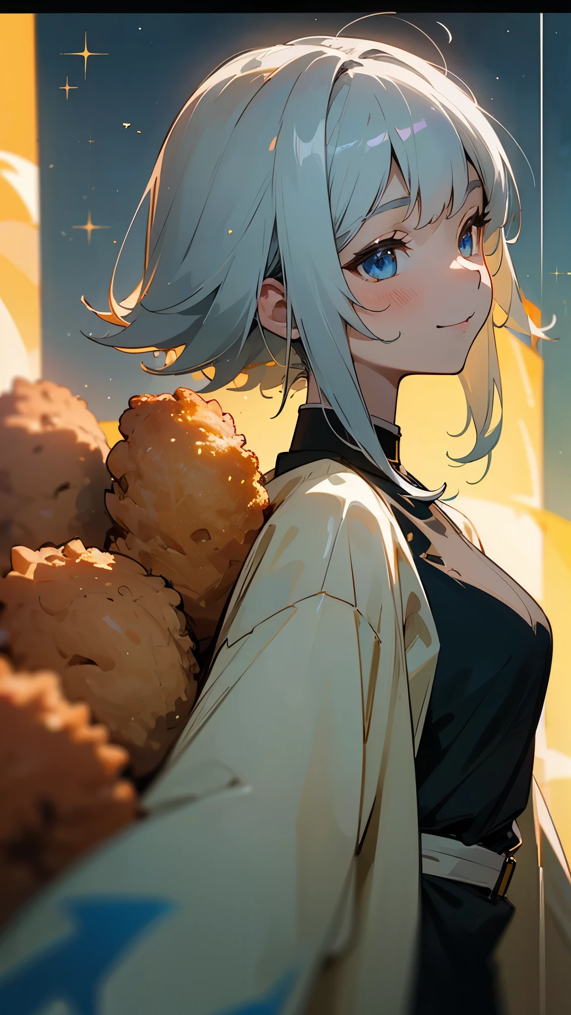 1 Girl、solo、Anime style painting、Upper body close-up、smile、From the side, impression, (Oil), Green and orange tones、Silver Hair, (Sparkling Blue Eyes)、Delicate contours、Park under the moonlight、Background Blur, The depth of the drawn border、Eat fried chicken、delicious