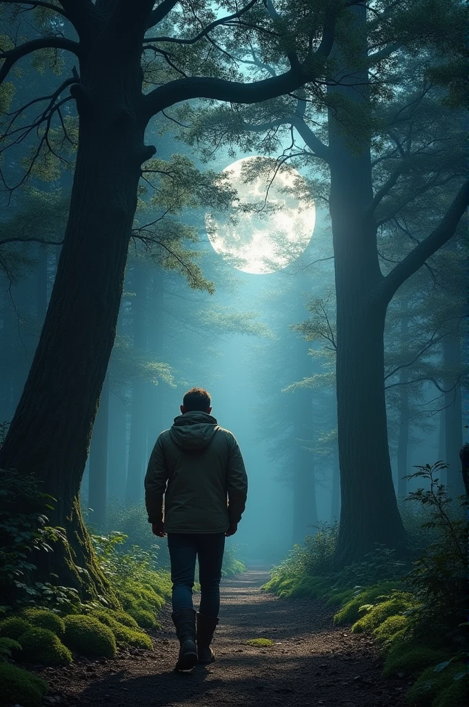 A man walks in the silence of the night through a beautiful forest