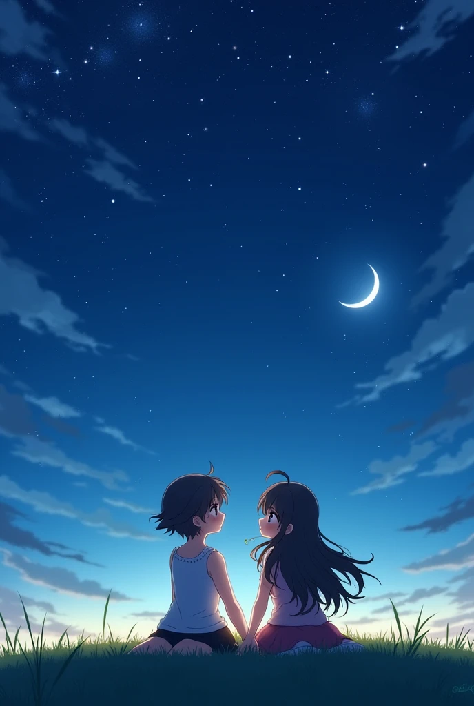 Draw two women with their backs to the viewer, looking up at the night sky, Una de ellas con el pelo corto very Wavy, and the other with hair down to her waist, Wavy. I want the drawing to be in a cute anime style and for them to be sitting holding hands.