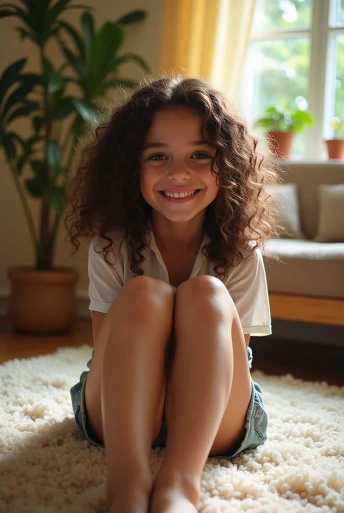 A brunette girl with curly hair and big breasts sits with her legs stretched out, taking a realistic photo