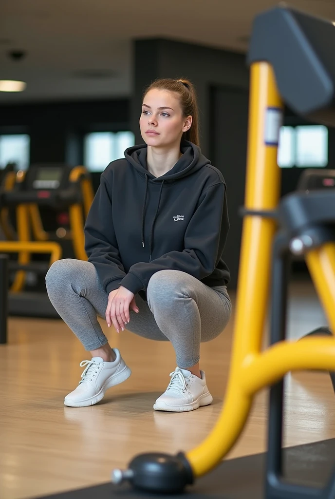 Realistic、photo shoot、Beautiful young woman 18 years old, Brown Hair, ponytail, Tight gym wear, Wearing sexy gray panties、Squatting with crotch spread、Big Ass