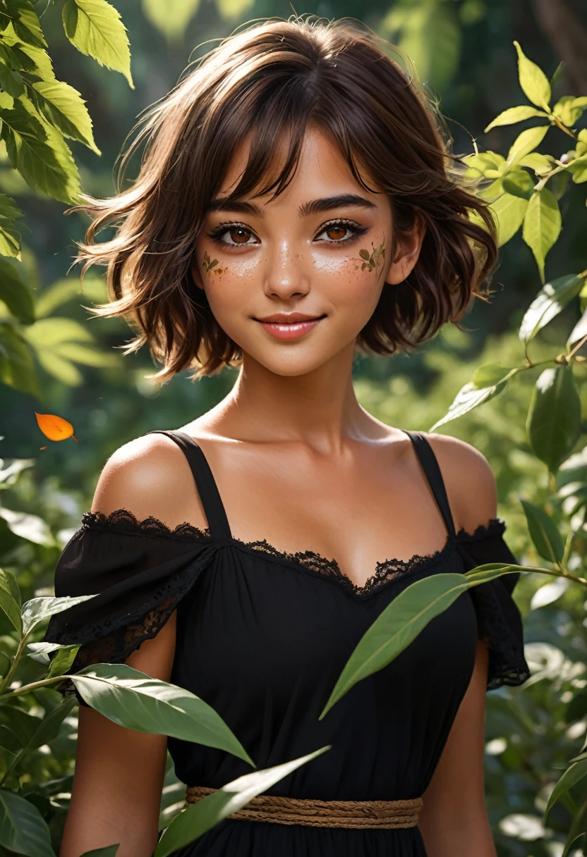A Goddess of nature that has short and brown hair, has brown eyes, has a gentle face, she always has a little smile on her face, Tanned, beautiful, wears a below the knee length black dress with leaves and flowers as design, has a lot of scars and bruises on her legs and arms, her left eye is BLIND because it's stabbed with a piece of wood, she can make any plant or tree in seconds, she can also control the wind.