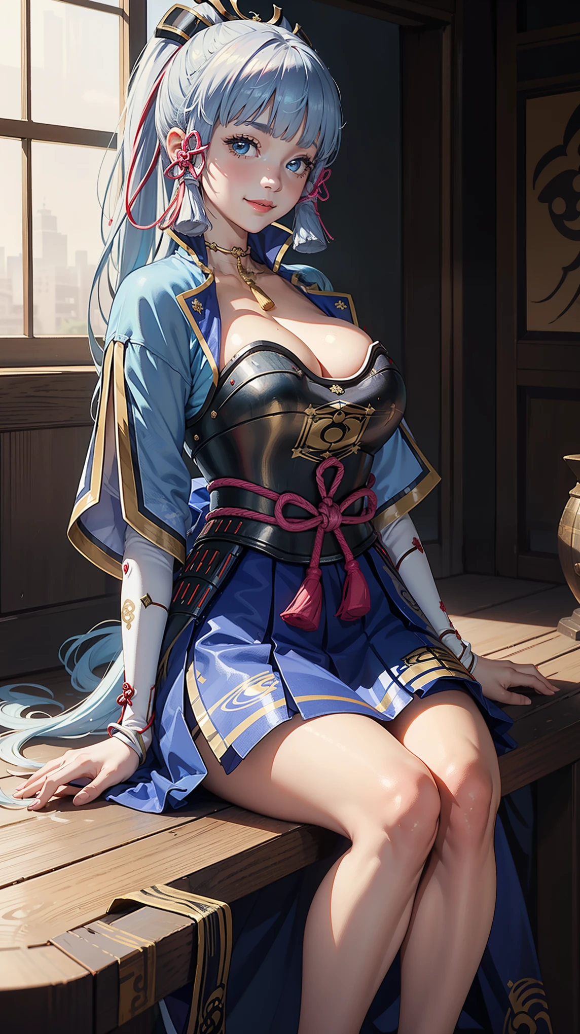 Solo,(kamisatoayakadef),masterpiece,huge breast, indoor, looking at viewer, detail eyes, detail face, (sitting), smile,(detailed face), dynamic view, full body